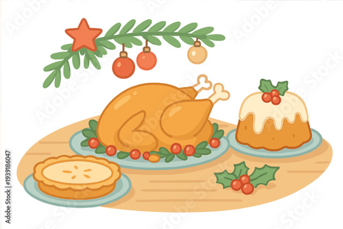 Festive food display with turkey pie and dessert on a table with