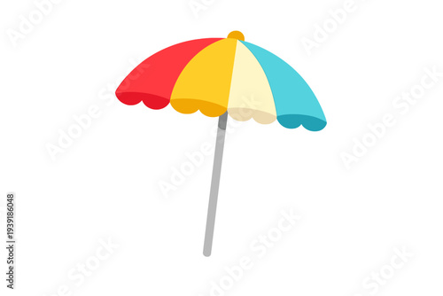 Bright beach umbrella stands upright with colorful panels on a sunny