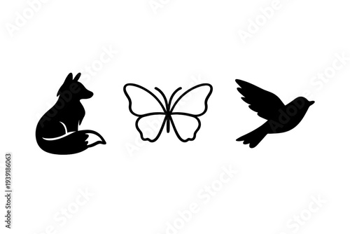 Fox butterfly and bird silhouettes arranged in a simple design
