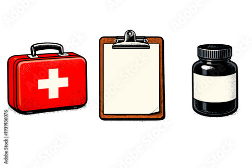 First aid kit clipboard and medicine bottle on a plain background with