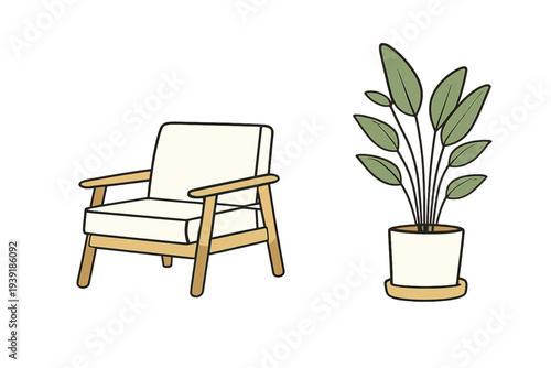 Armchair and potted plant in a simple indoor setting with minimal