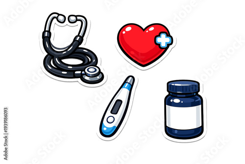 Health symbols on a white background including a stethoscope heart