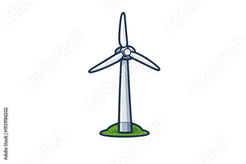 Wind turbine stands tall on green grass with clear sky in the