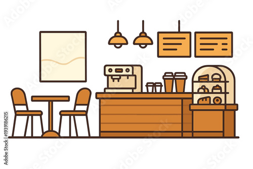 Coffee shop interior with tables chairs and display case showing baked