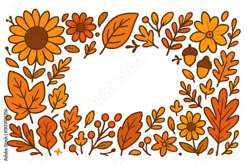 Autumn flowers and leaves form a decorative border with sunflowers and