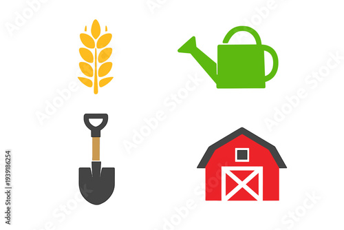 Farm tools and crops used in agriculture for planting and watering