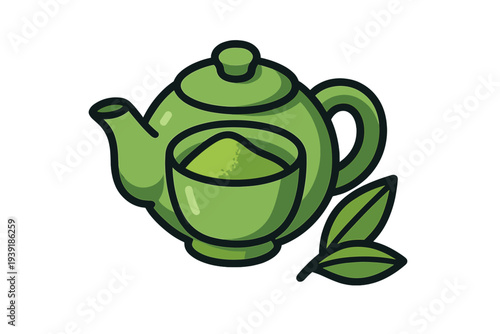 Green teapot with matcha powder and tea leaves on display for tea
