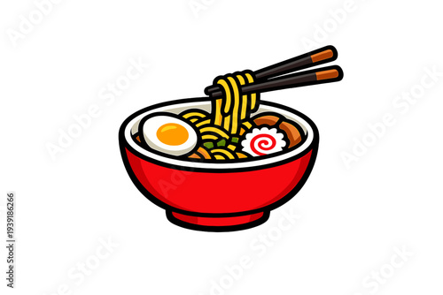Bowl of noodles with toppings and chopsticks ready for eating in a
