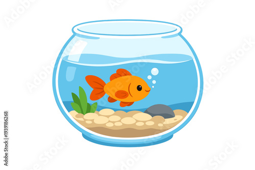 Goldfish swims in a round fishbowl with plants and rocks in clear