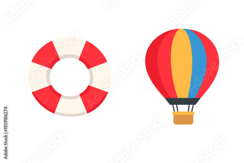 Colorful hot air balloon and life preserver in a simple design on a