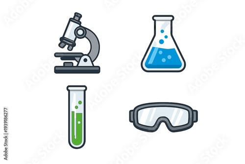 Tools for science experiments include a microscope glassware and