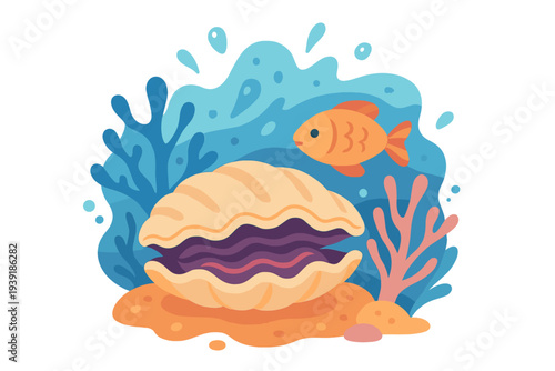Underwater scene with a shell fish and coral in a vibrant ocean