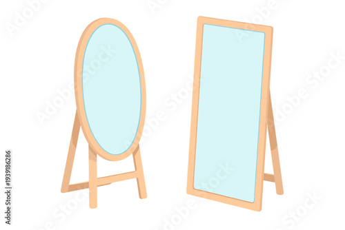 Mirrors standing on wooden stands in a simple display setting for use
