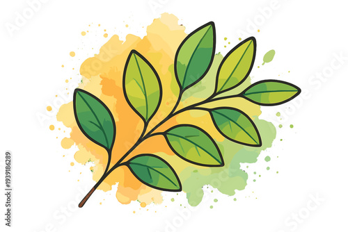 Green leaves on a branch with a colorful watercolor background in