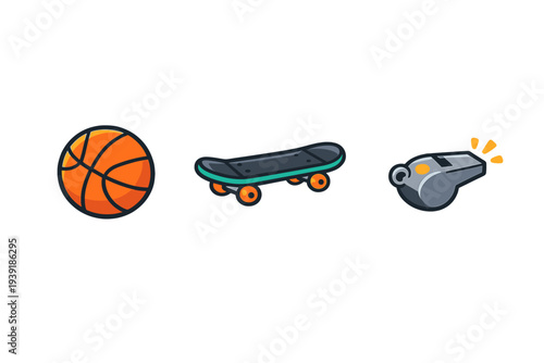 Basketball skateboard and whistle show various sports equipment for