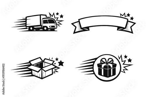 Delivery truck moves fast with gift box and empty banner for shipping