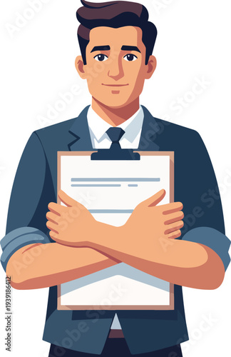 uomo vestito giacca e cravatta con documenti in mano assistente ufficio segretario del lavoro vettoriale