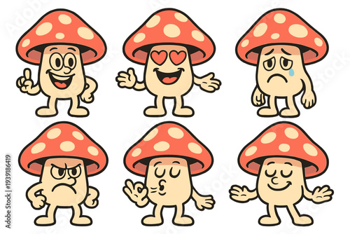 Cartoon mushrooms show different emotions in a colorful and fun style