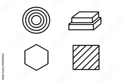 Graphic design featuring simple geometric shapes and patterns in black