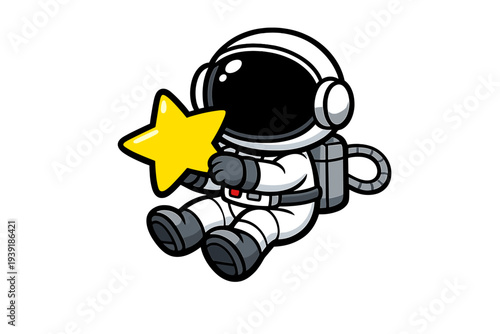 Astronaut holding a yellow star while sitting on a plain background in