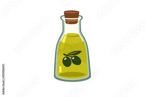 Olive oil in a glass bottle on a white background with green olives