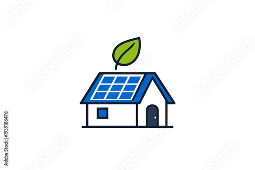 House with solar panels and a leaf on the roof showing eco-friendly