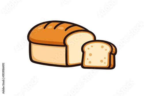 Freshly baked bread loaf with a slice cut beside it on a white