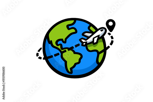 Flying around the world with a plane traveling on a dotted line in a