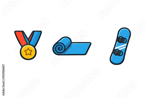 Winter sports awards feature a medal a rolled-up mat and a snowboard