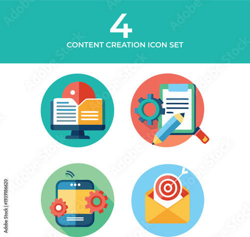 Content Creation Flat Icon Set with Writing, Editing, Mobile App and Email Marketing