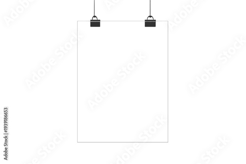 Blank poster hanging in a minimal space with clips for presentation or