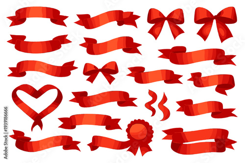 Collection of red ribbons and bows in various shapes for decoration