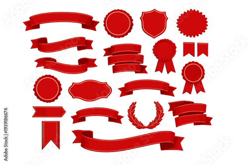 Red decorative shapes and ribbons on a white background used for
