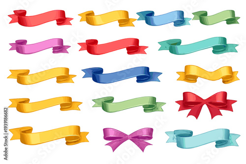 Colorful ribbons in various shapes and styles arranged in a grid