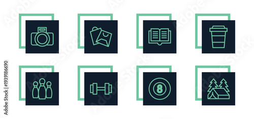 Camping, drawing, reading, music, photography, camera, gaming Icons Pack for Website, Apps and UI Interfaces
