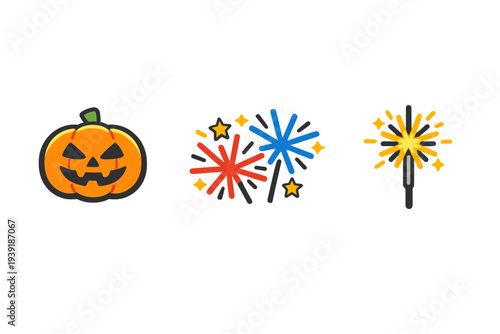 Halloween celebration with pumpkin fireworks and sparkler at night on
