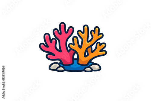 Colorful coral reef with pink and orange corals on a blue base and