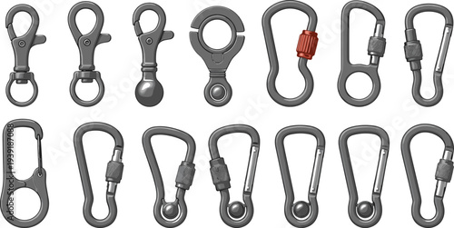 Set of metal carabiner clips and snap hooks for climbing, camping and keychains, durable locking hardware vector illustration collection