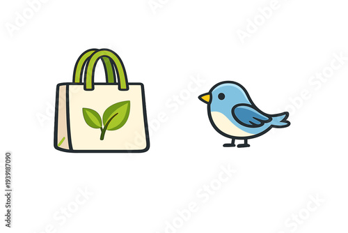 Bird next to a reusable bag with a leaf design on a white background