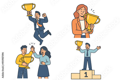 People celebrating achievements with trophies in different settings at