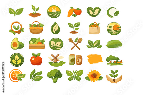 Various plant and vegetable icons showing natural elements and