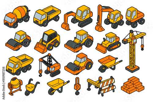 Construction vehicles and tools used at work sites for building and