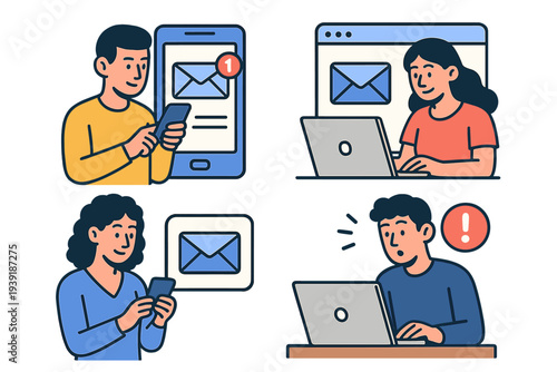 People using mobile devices and computers to check email notifications