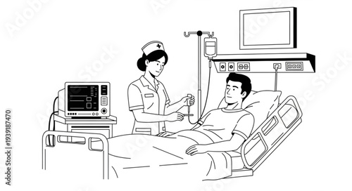 Nurse attending to patient in hospital bed, monitoring vital signs and providing care.