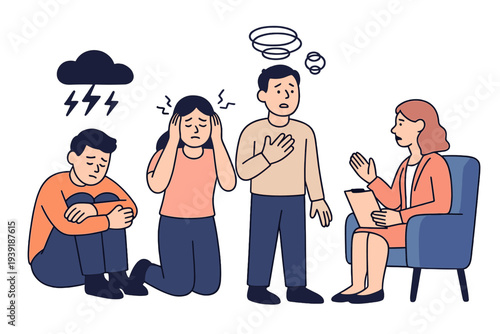 People in therapy session discussing feelings of sadness and anxiety