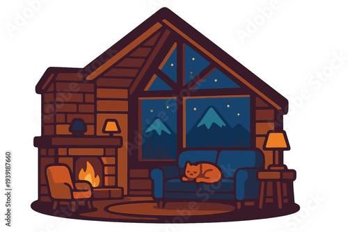 Cozy cabin scene with a cat resting on a sofa near a fireplace