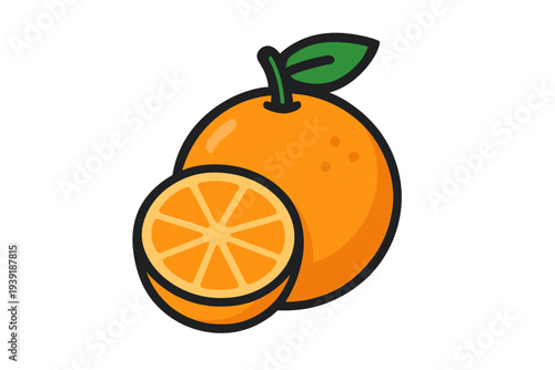 Bright orange fruit with a cut section showing juice and pulp on a