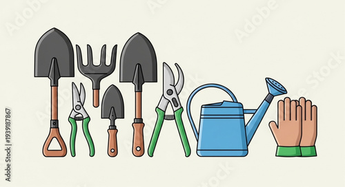 Collection of gardening tools arranged in a row for outdoor activities and landscaping.