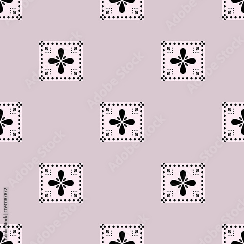 Geometric flower pattern with black dot frame on soft pink square on dull pink background. Luxury floral pattern seamless. Vector art, diamond-shaped, abstract, elegant, motifs, vintage style for text