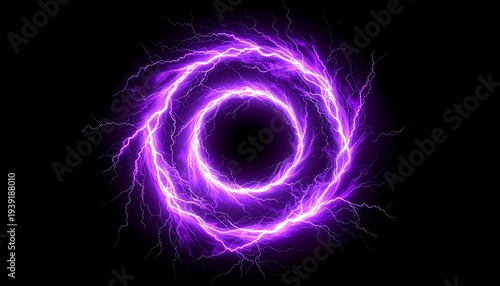 Violet lightning ring, crackling with energy, swirls in a dark void, creating a portal-like effect